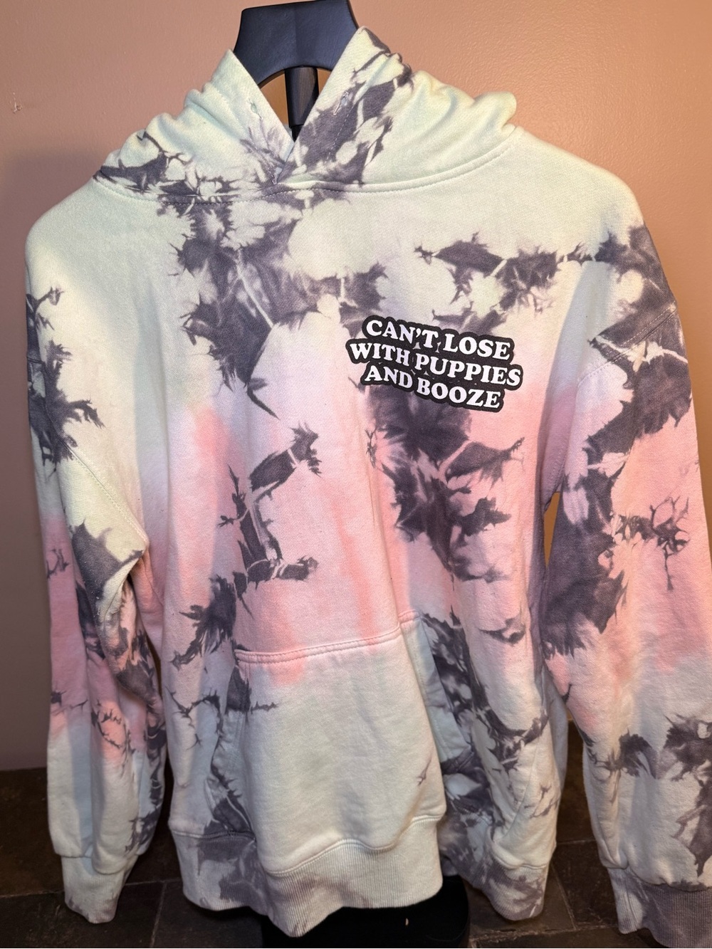 Tie-Dye Pink & Gray Graphic Hoodie - Can't Lose With Puppies And Booze